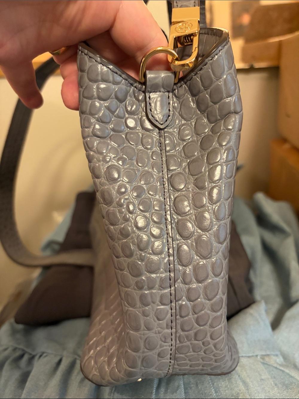 Tory Burch Gray Croc-Embossed Tote with Gold Hardware - Picture 8 of 9